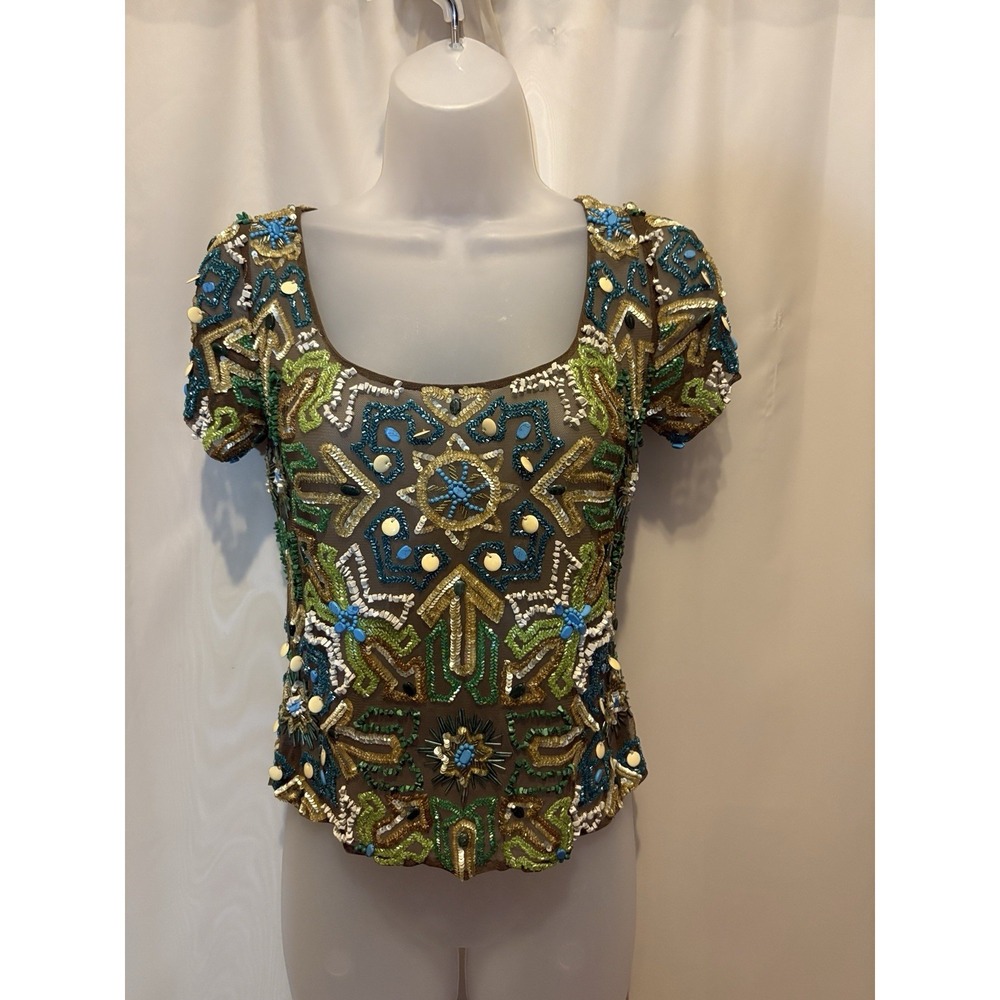 Vintage 90s Y2K Melinda Eng Beaded Silk Sheer Top Size 4